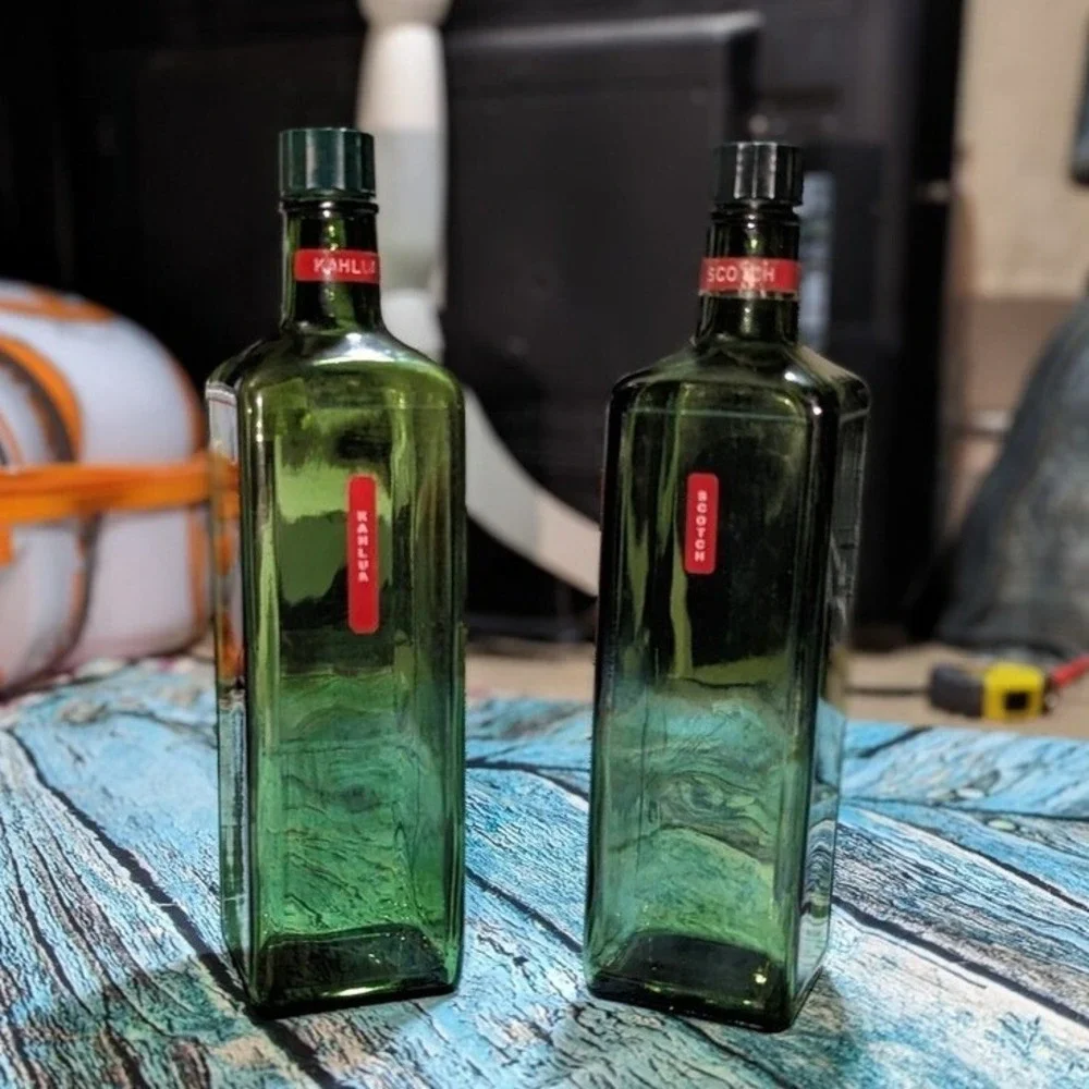 Vintage MCM Green Glass Liquor Bottles‎ Set of 3 Travel Bar Decanters Whiskey